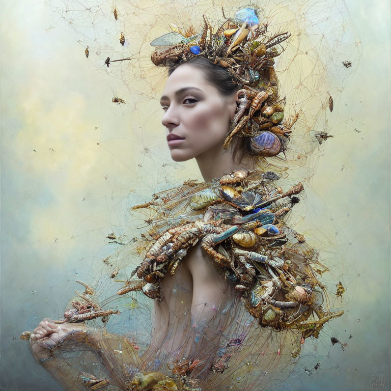 Surreal portrait: Woman with natural elements headdress and attire.