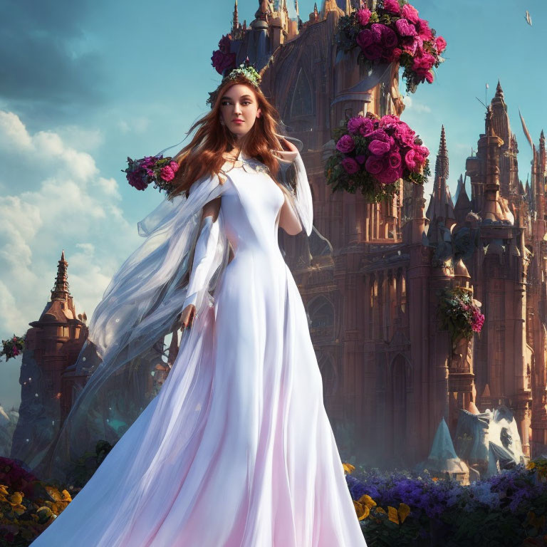 Woman in white and pink dress with floral crown in front of whimsical castle in lush scenery