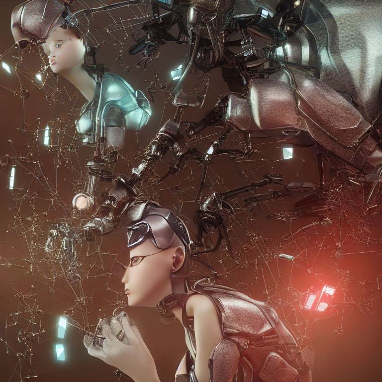 Intricate humanoid robots with glowing elements on geometric backdrop