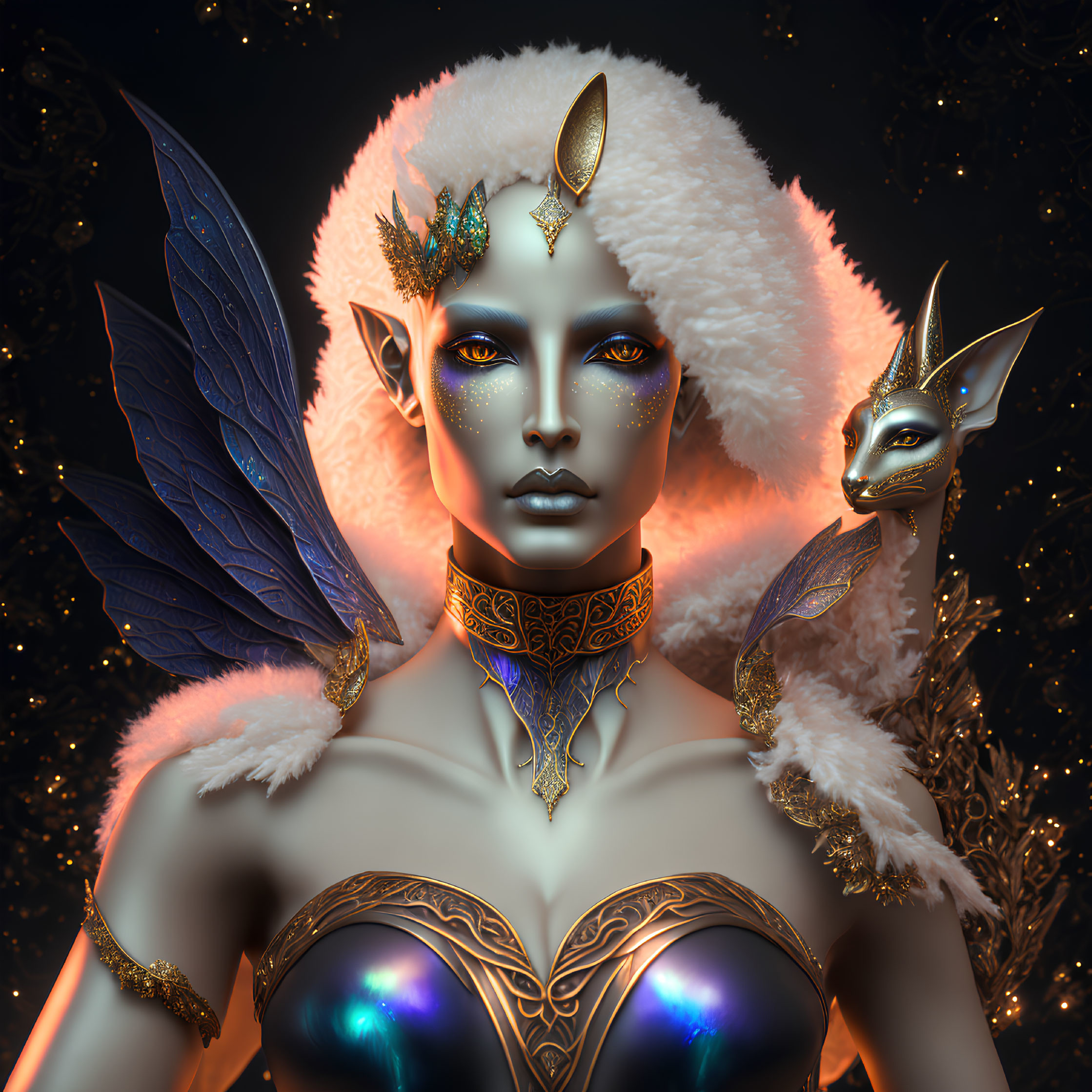 White-Skinned Ethereal Being with Golden Accessories and Blue-Eyed Creature on Starry Background