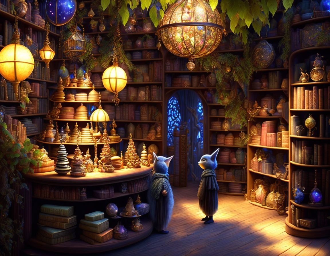 Whimsical room with anthropomorphic cats playing chess surrounded by glowing lanterns, books, celestial ornaments