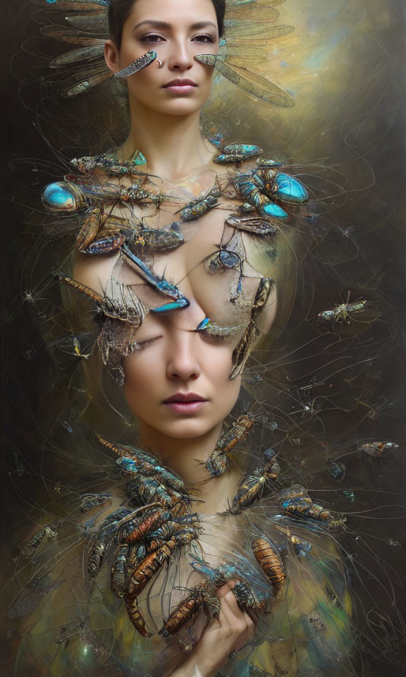 Surreal portrait of woman with dragonflies and insects superimposed