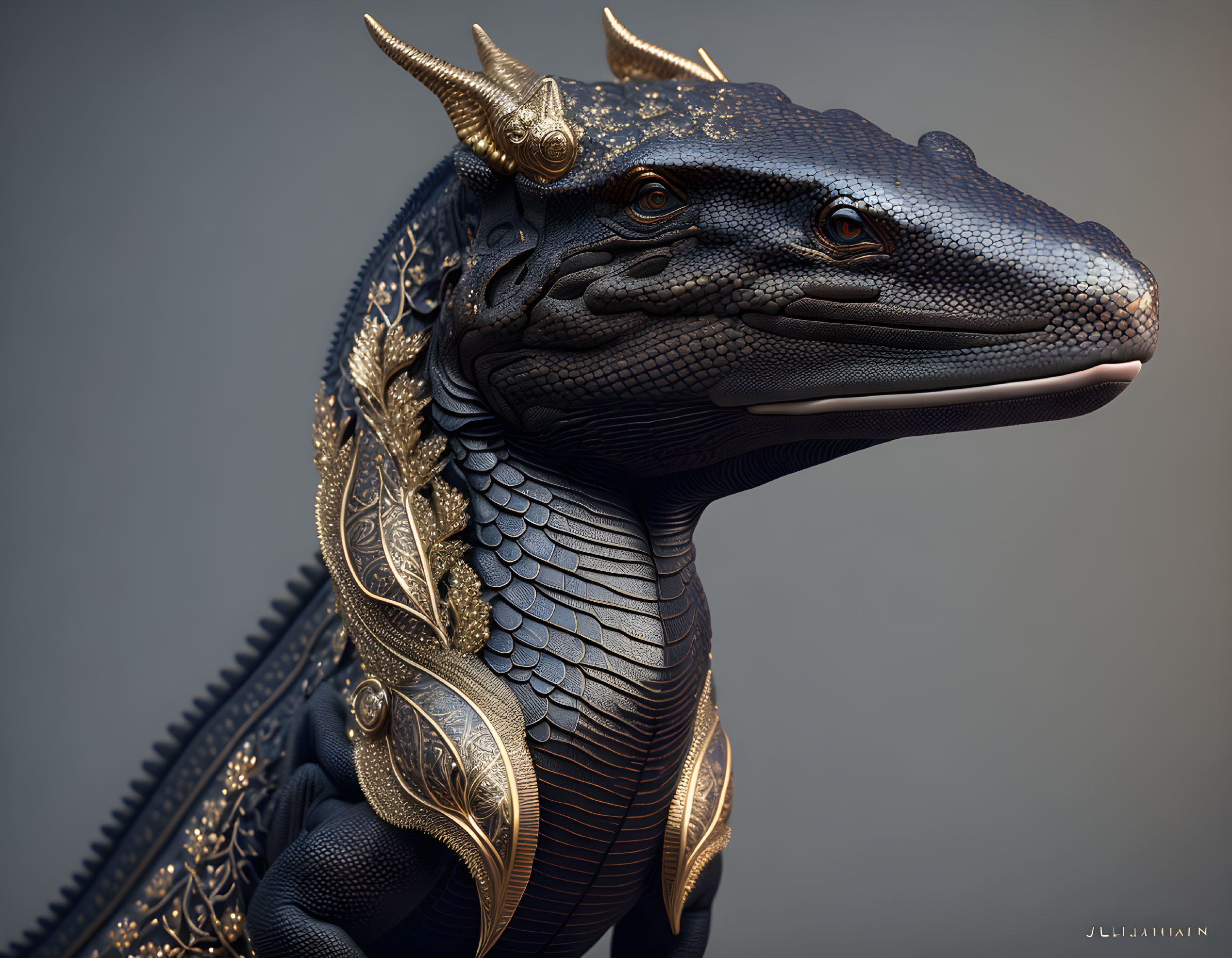 Detailed digital artwork: Majestic dragon with golden adornments and intricate scales