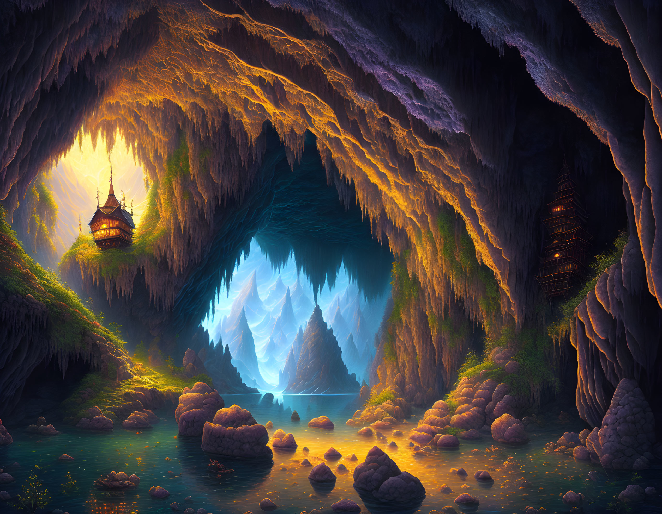 Mystical cave with luminous crystal entrance, stalactites, serene lake & cozy wooden structures