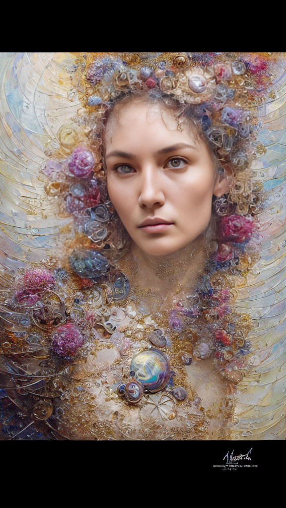 Colorful swirling halo portrait of young woman with ornate textures and flower-like patterns