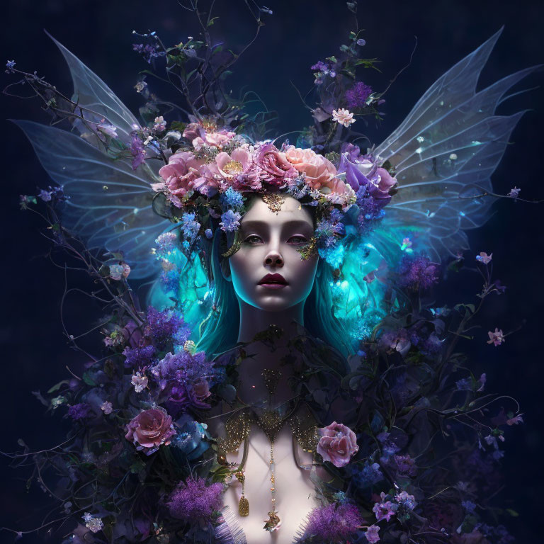 Mystical woman with luminous wings and flower crown on dark blue backdrop