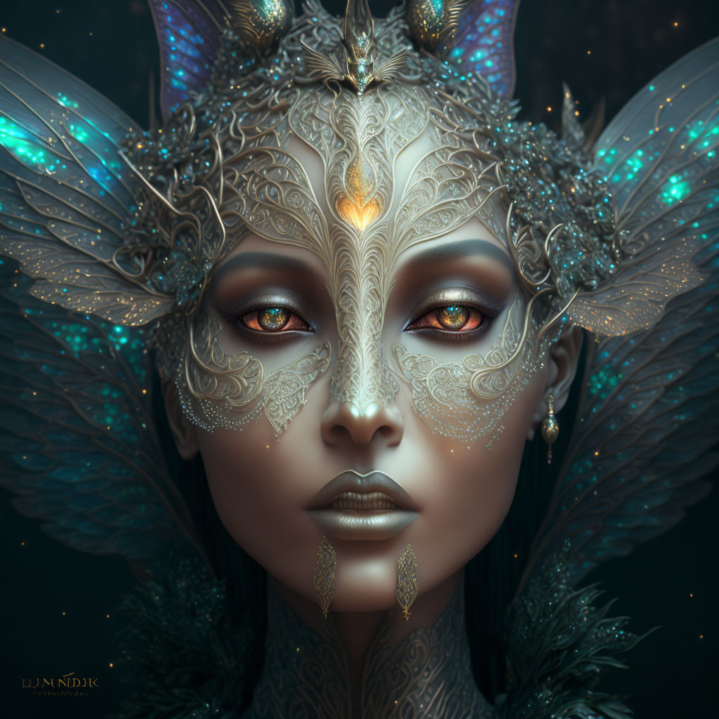 Fantasy digital artwork of female figure with ornate headgear and butterfly-like wings