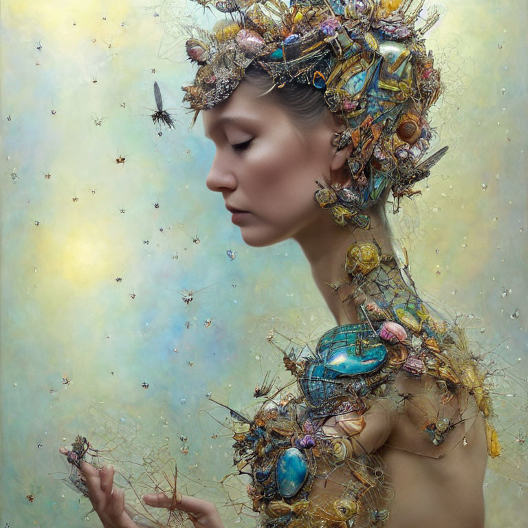 Surreal portrait of woman with nature-inspired jewelry and whimsical creatures