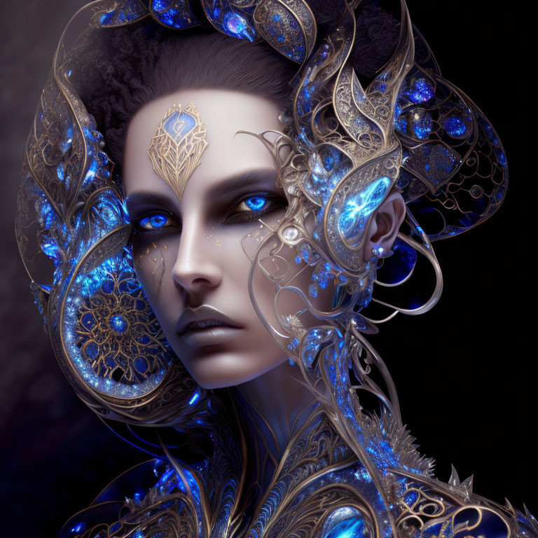 Detailed digital artwork of woman with ornate gold and blue head adornments on dark background