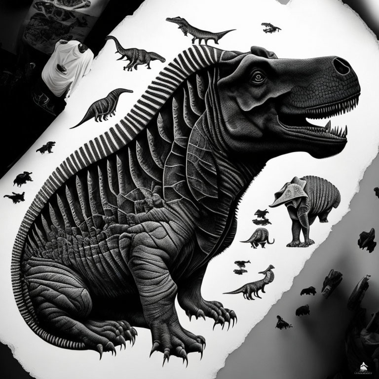 Monochromatic T-Rex Artwork with Animal Silhouettes on White Background