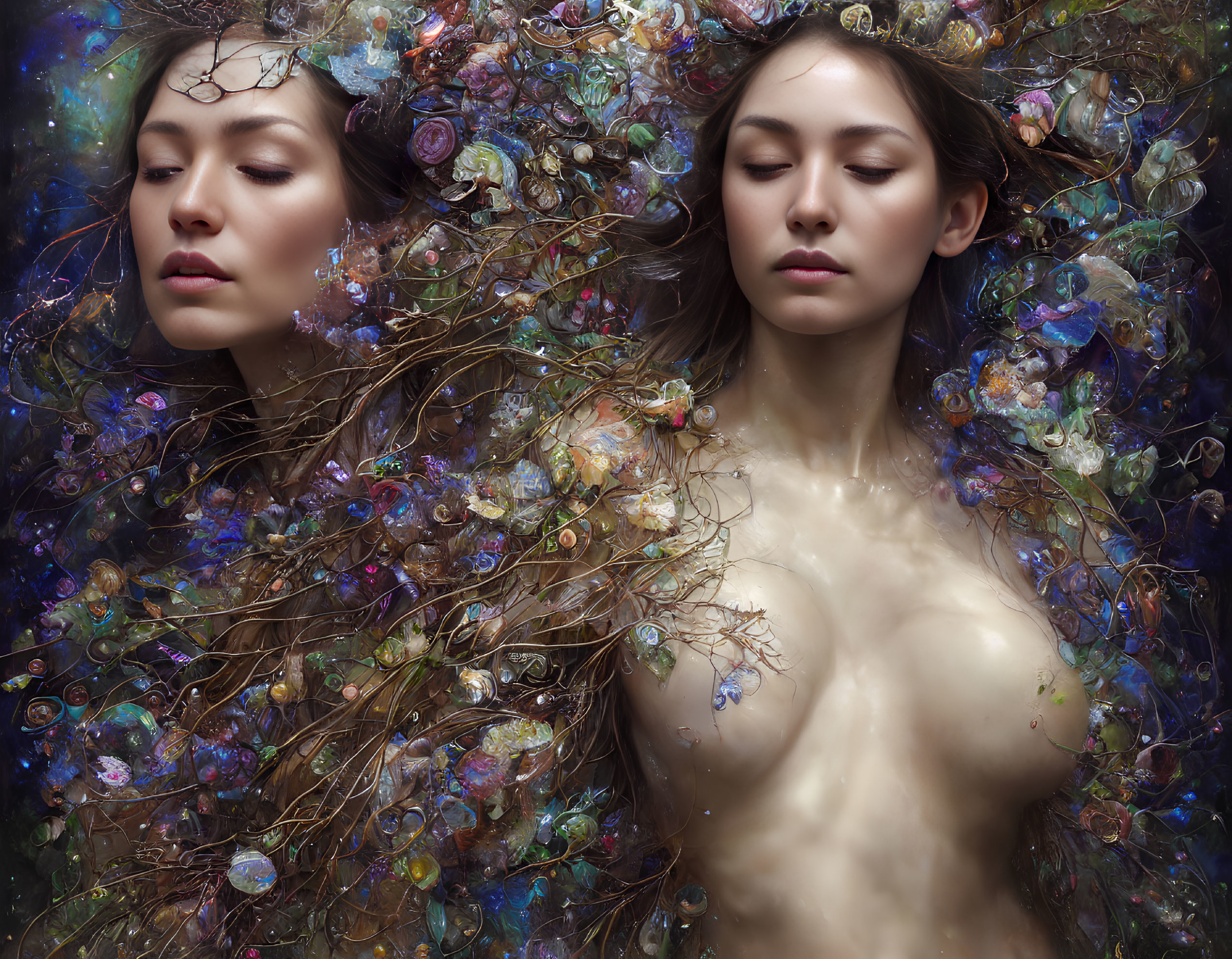 Two people in a floral and branch-filled dreamy scene with one adorned in a delicate headpiece.