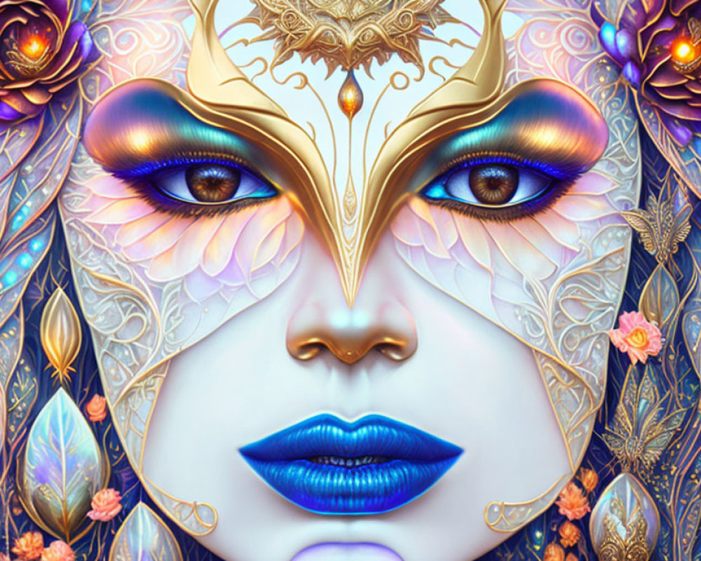 Symmetrical fantasy-themed female face with vibrant blue and purple hues