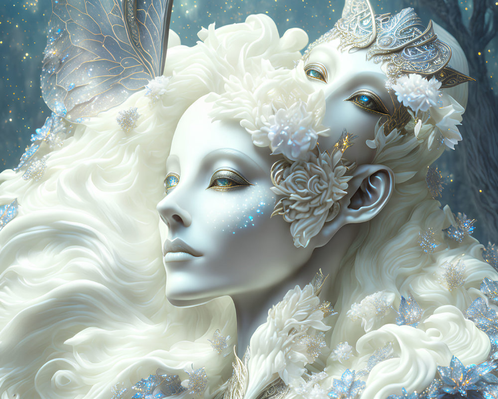 Ethereal being with alabaster skin, silver headpieces, icy blue flowers, and butterfly