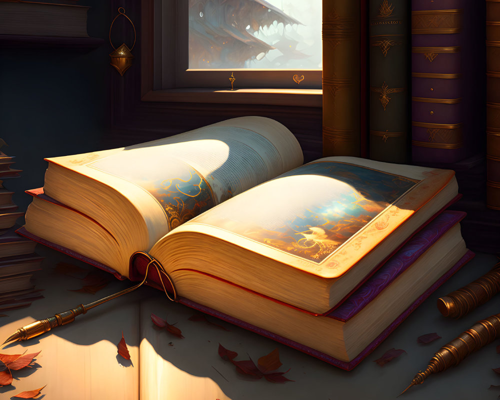 Fantasy book with vivid illustrations on wooden desk surrounded by books, quill, ink, and autumn
