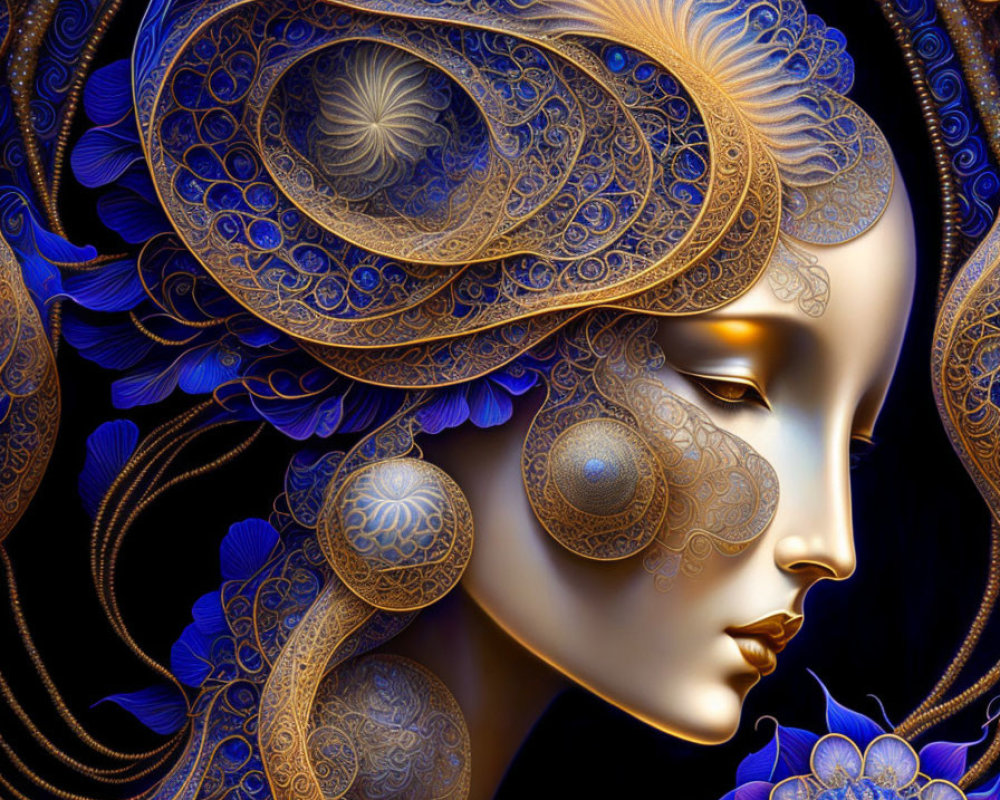 Blue and Gold Fractal Patterns on Woman in Digital Art
