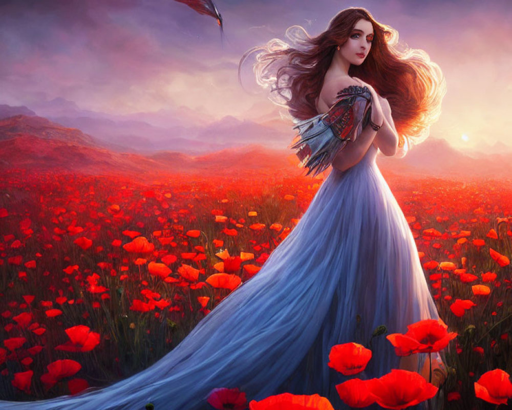 Woman in blue dress in red poppy field at sunset with flowing hair and bird.