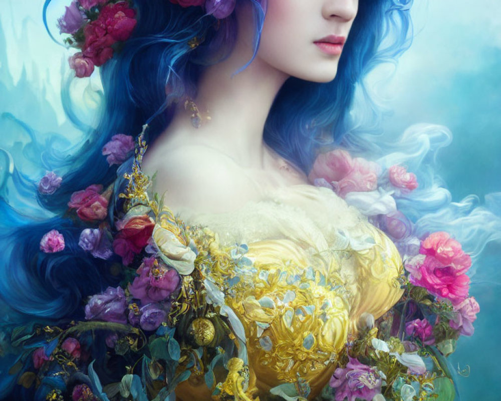 Fantastical portrait of woman with blue hair and floral crown in golden dress.
