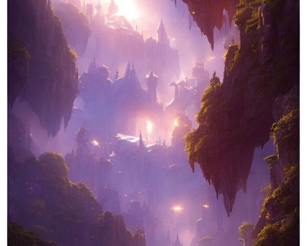 Imposing floating city above forested canyon with glowing lights