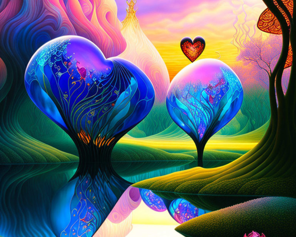 Colorful Heart-Shaped Trees in Surreal Fantasy Landscape