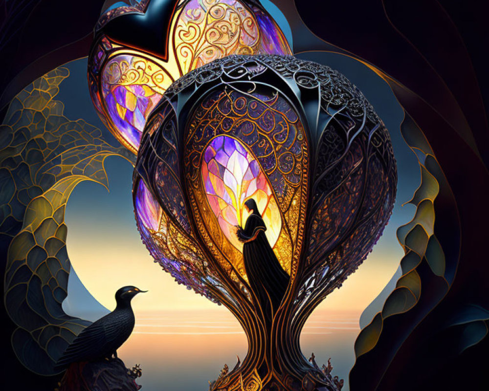 Fantastical glowing heart-shaped structure with raven in twilight landscape
