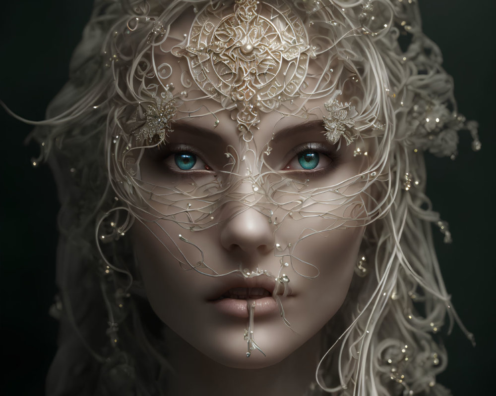 Portrait of Woman with Pale Skin and Gold Filigree Headpiece