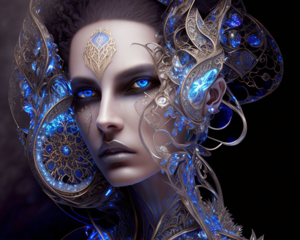 Detailed digital artwork of woman with ornate gold and blue head adornments on dark background