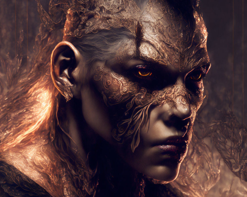 Fantasy-themed image of person with gold and bronze patterns, orange eyes, and fiery hair