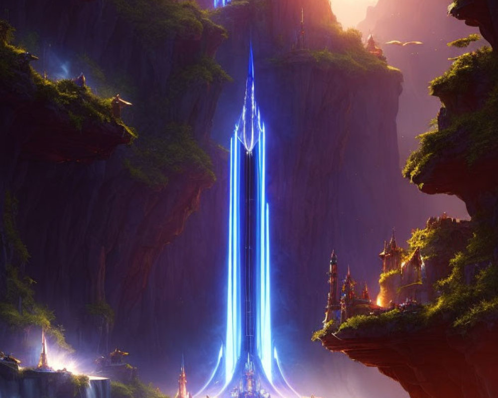 Fantastical landscape with glowing crystal tower and floating islands