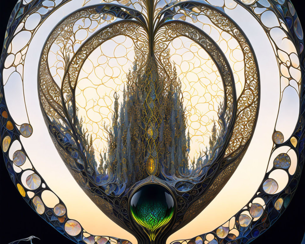 Detailed digital artwork: Ornate heart design with intricate patterns framing symmetrical tree on dark background