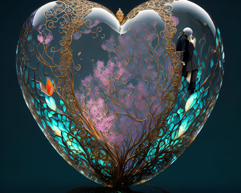 Intricate golden filigree on heart-shaped object with pink coral patterns