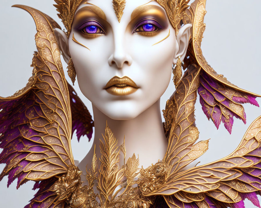Figure with Golden Headpiece, Winged Shoulders, and Purple Eyes in Elegant Fantasy Style