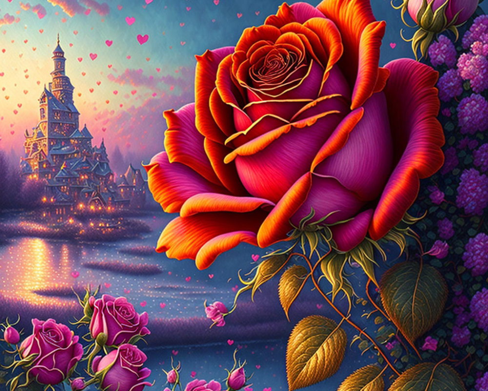 Colorful illustration of red rose with castle backdrop