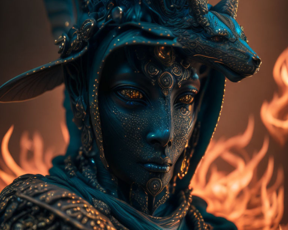 Fantasy character in blue and gold dragon-themed armor on fiery background