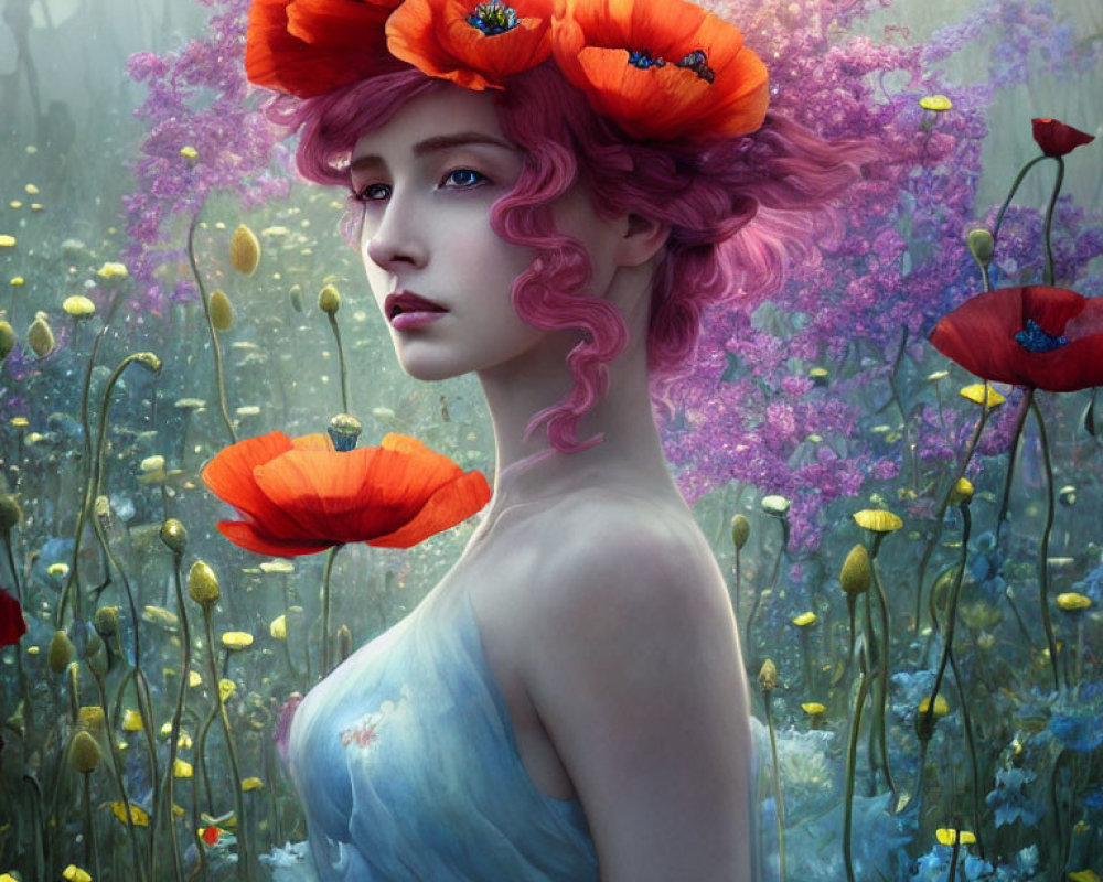 Pink-haired woman surrounded by poppies in a dreamy floral field