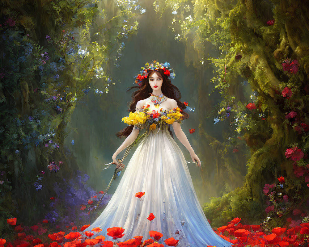 Woman in white dress with flowers in magical forest setting