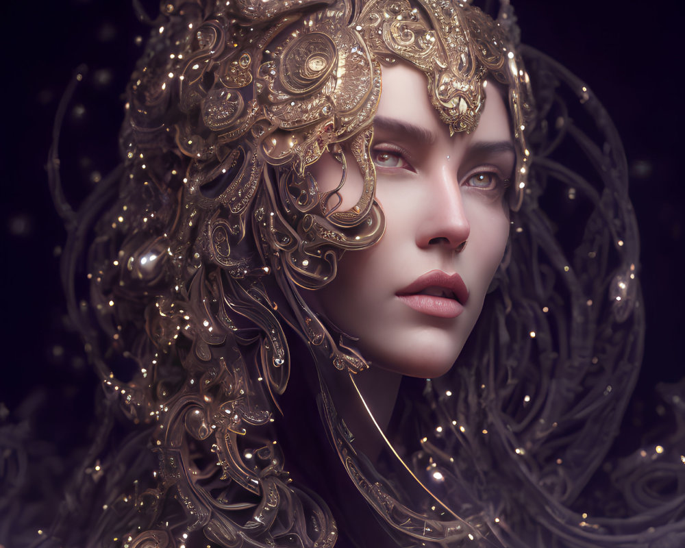 Pale-skinned woman in gold headpiece on dark background with glowing particles