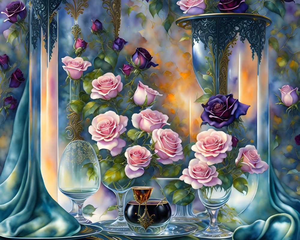 Fantasy setting with wine glass, bottle, roses in pink and purple