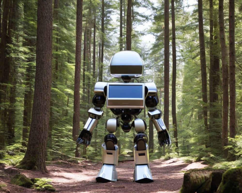 Futuristic humanoid robot in sunlit pine forest