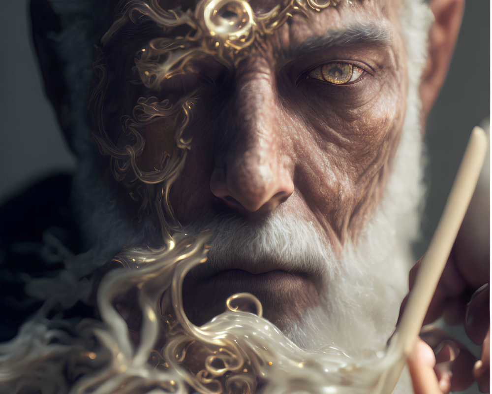 Elderly man with white hair wearing ornate golden mask and holding brush