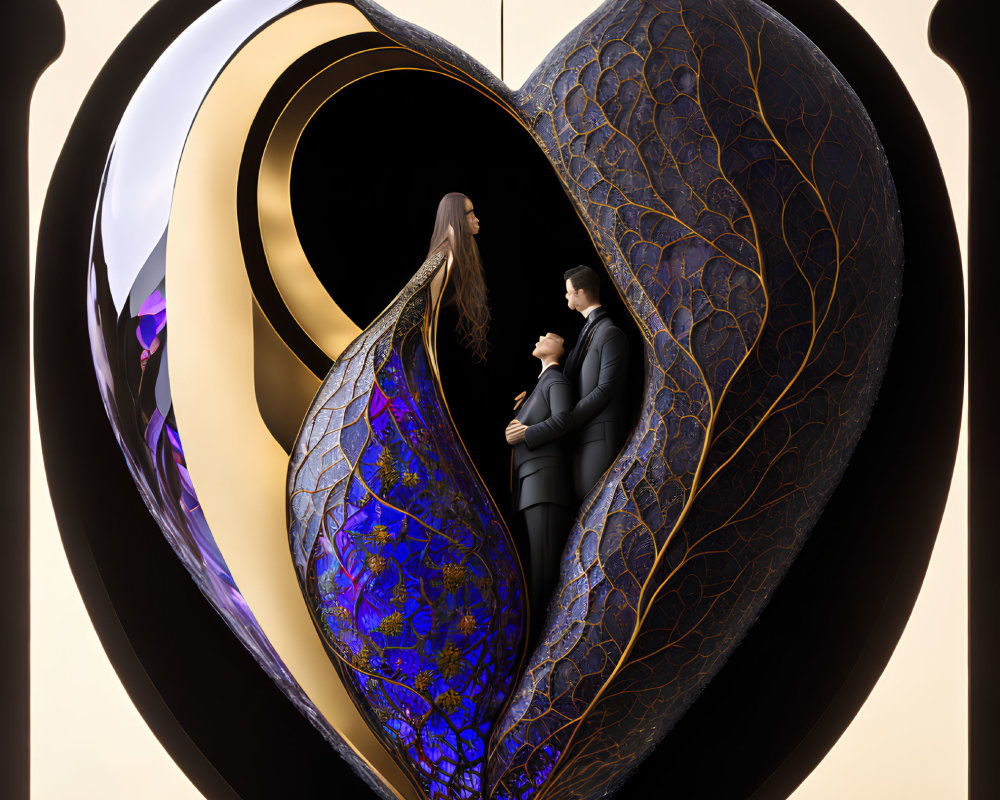 Surreal image of couple embracing in metallic heart on black background