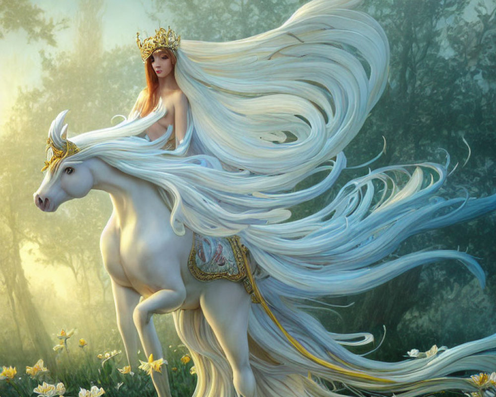 Red-haired woman with golden crown riding white unicorn in misty forest