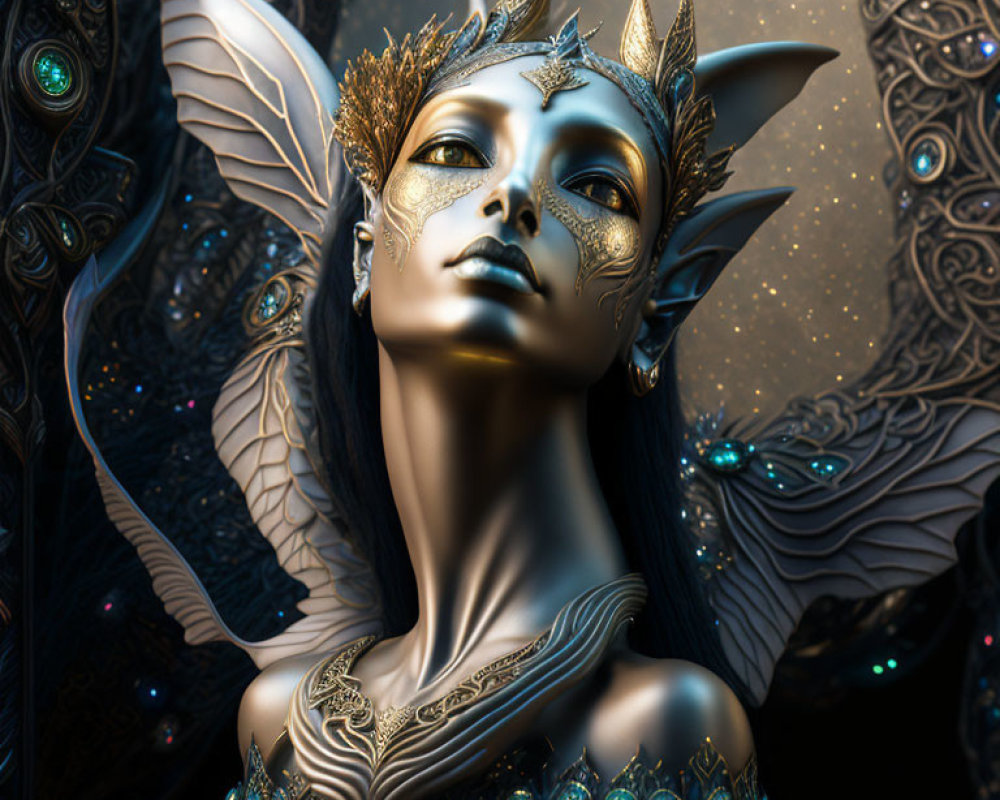 Fantasy digital artwork: Female figure with pointed ears and golden headgear on ornate dark background
