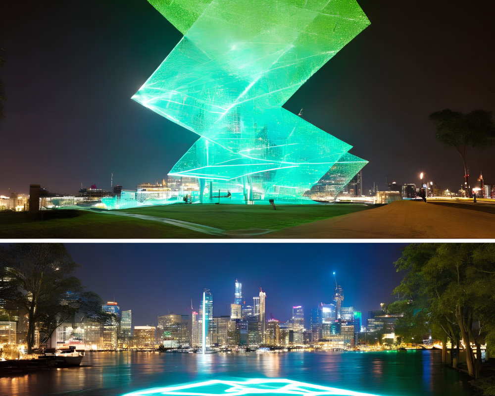Geometric Sculpture and City Skyline Reflecting in Night Sky