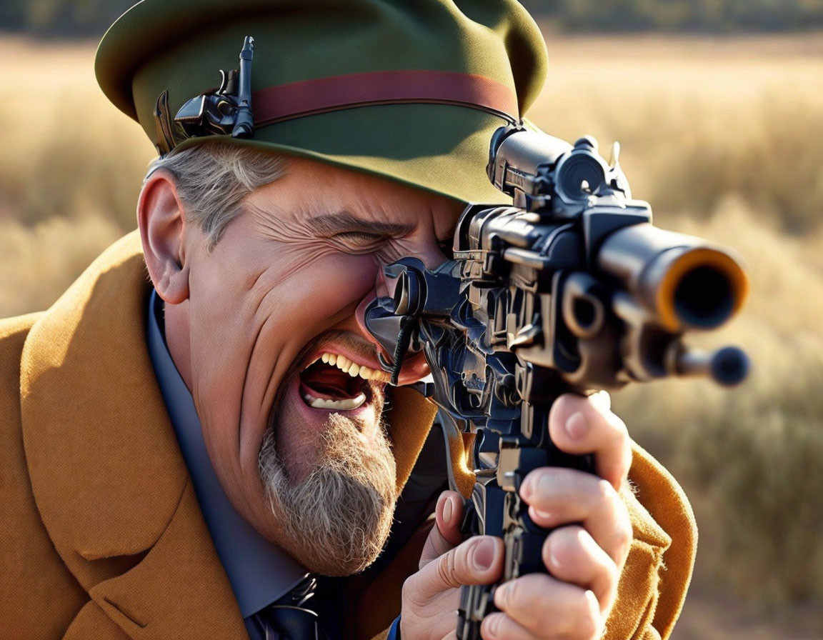 Man in hat aiming rifle with telescopic sight outdoors