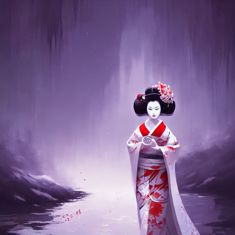 Illustrated geisha in red and white kimono on mystical purple background