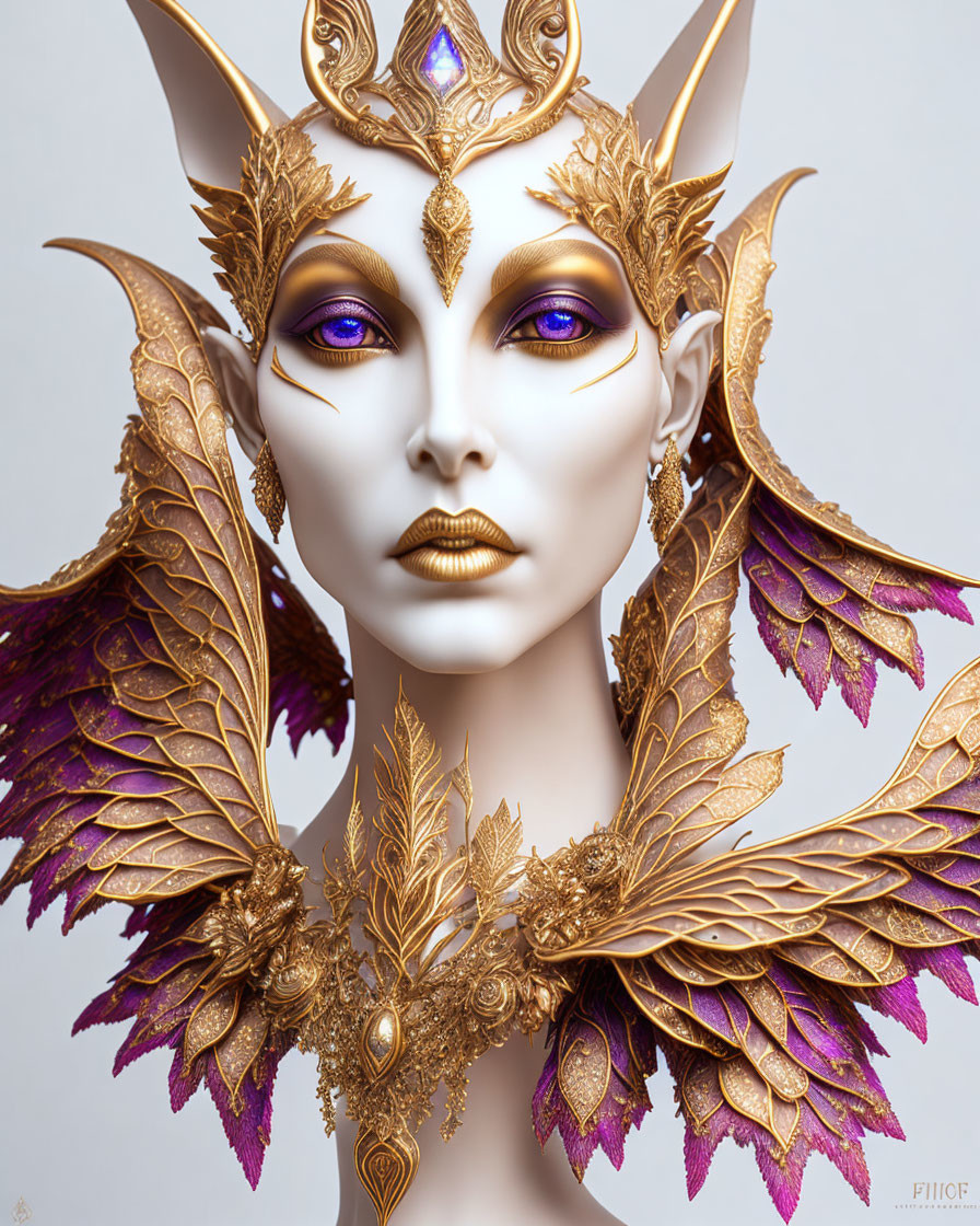 Figure with Golden Headpiece, Winged Shoulders, and Purple Eyes in Elegant Fantasy Style