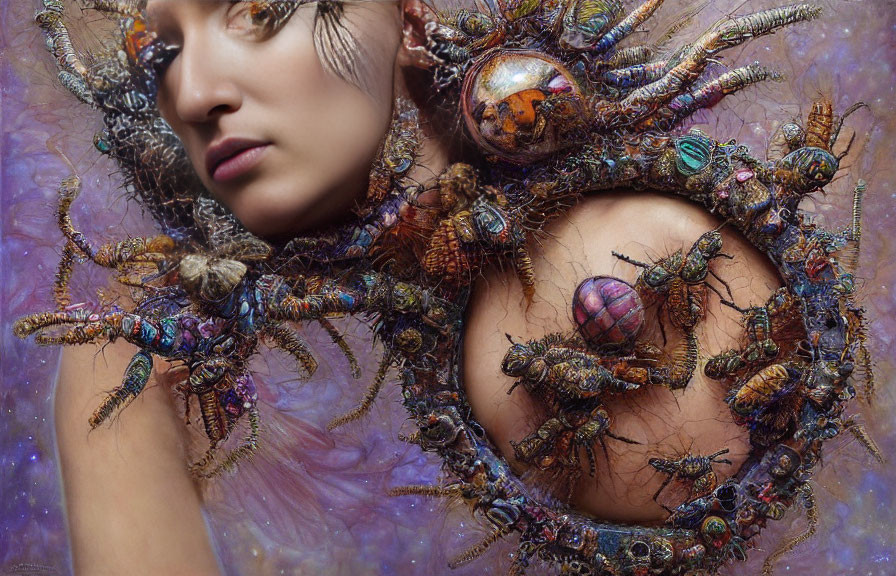 Surreal portrait of woman with metallic beetle collar