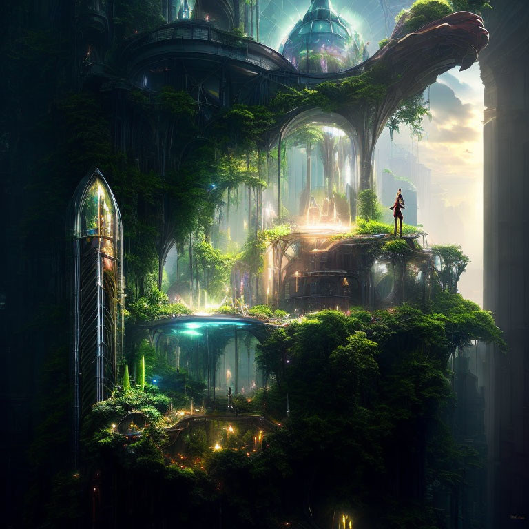 Person on futuristic structure in lush forest with advanced buildings.