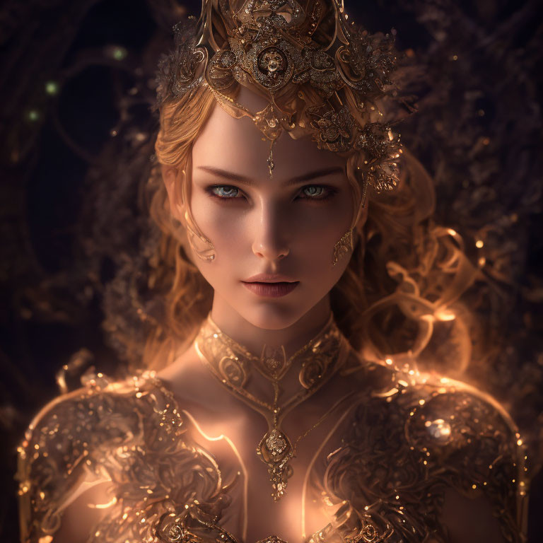 Detailed digital portrait of a woman with golden jewelry, blue eyes, and intricate embroidery on dark background