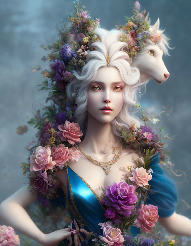 Fantastical image of woman with pale skin and white hair and floral headpiece.